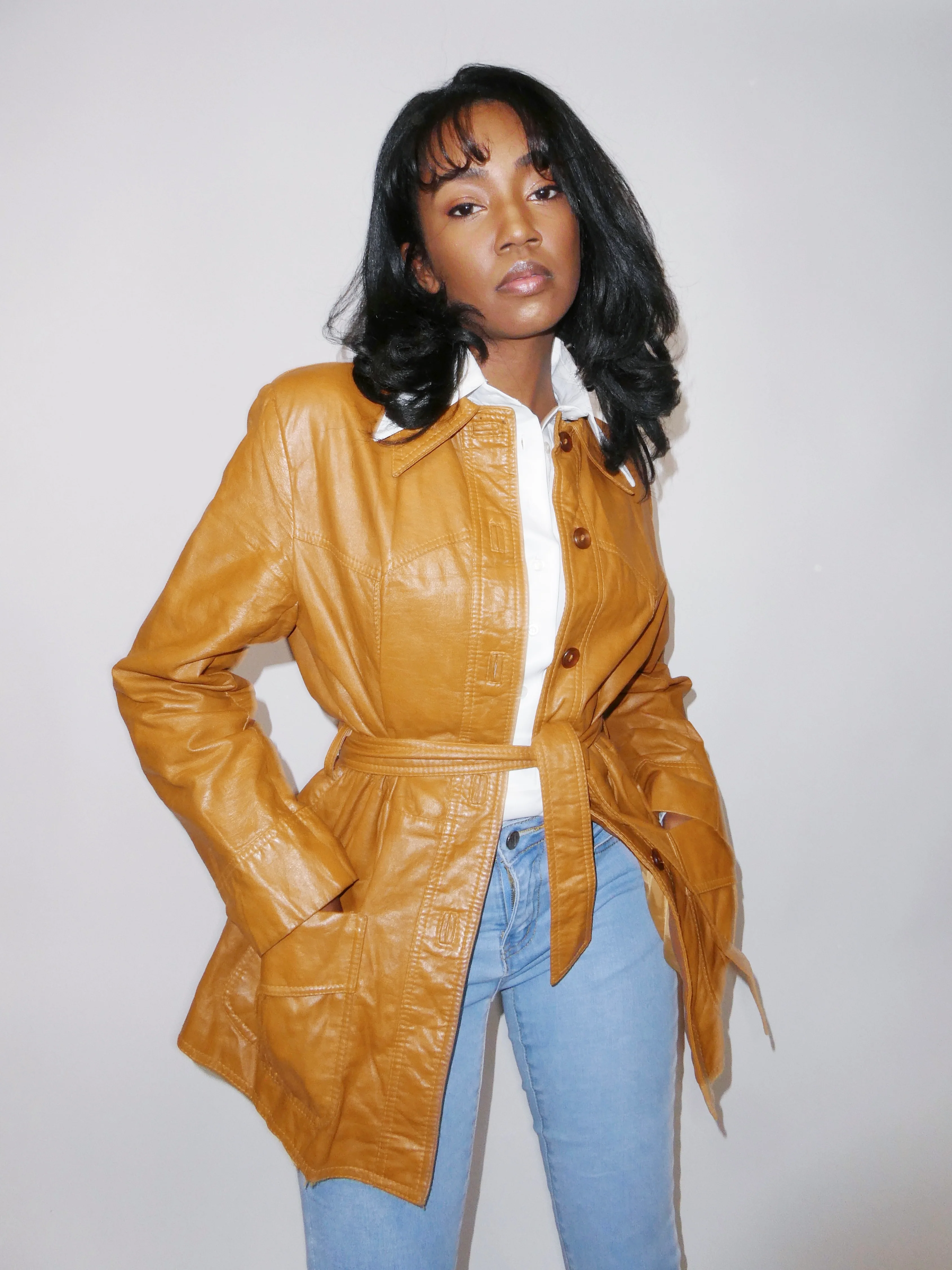 Vintage Caramel Leather Tie-Waist Jacket (M) - Image 3